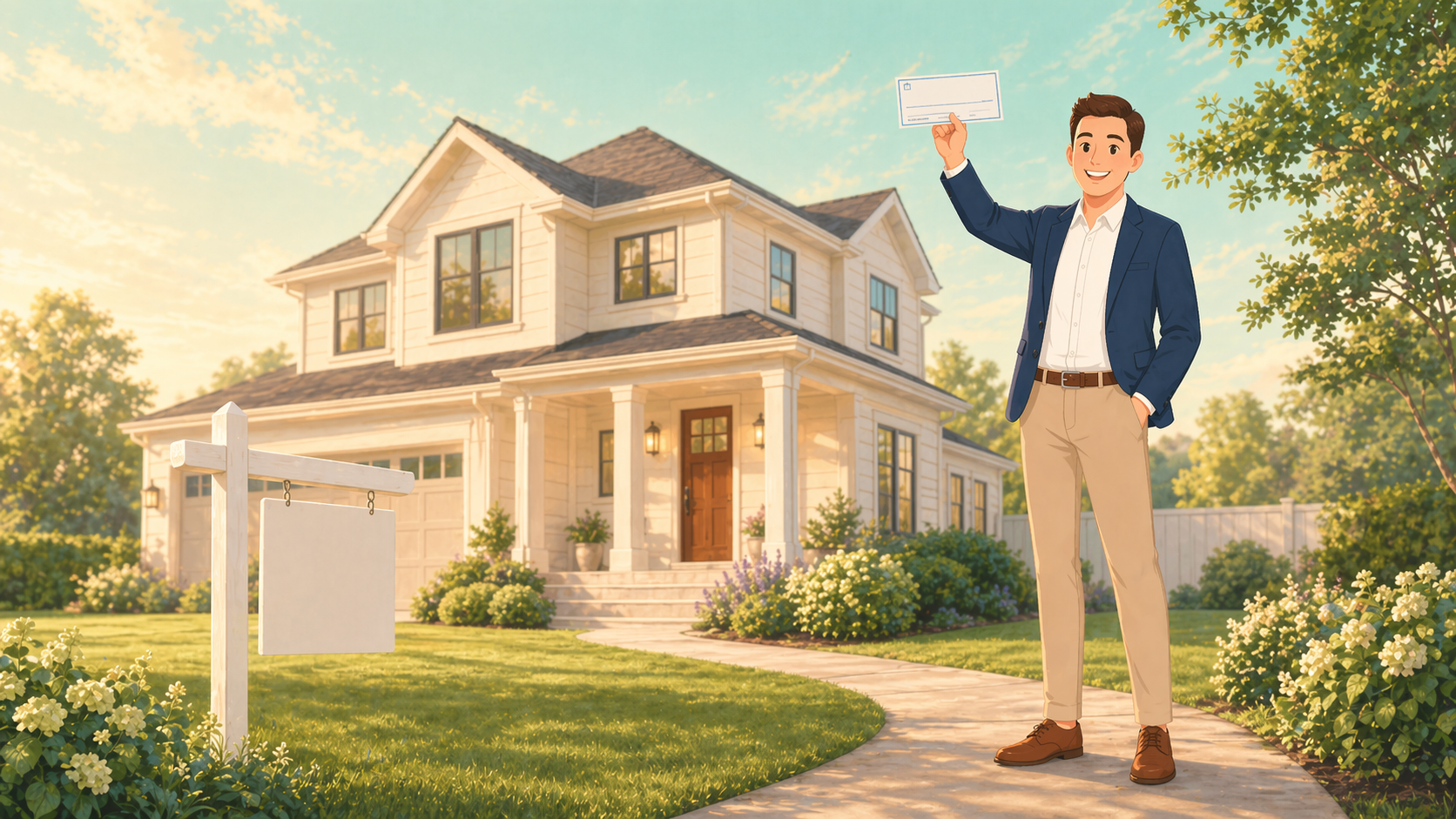 Home seller in front of sold home